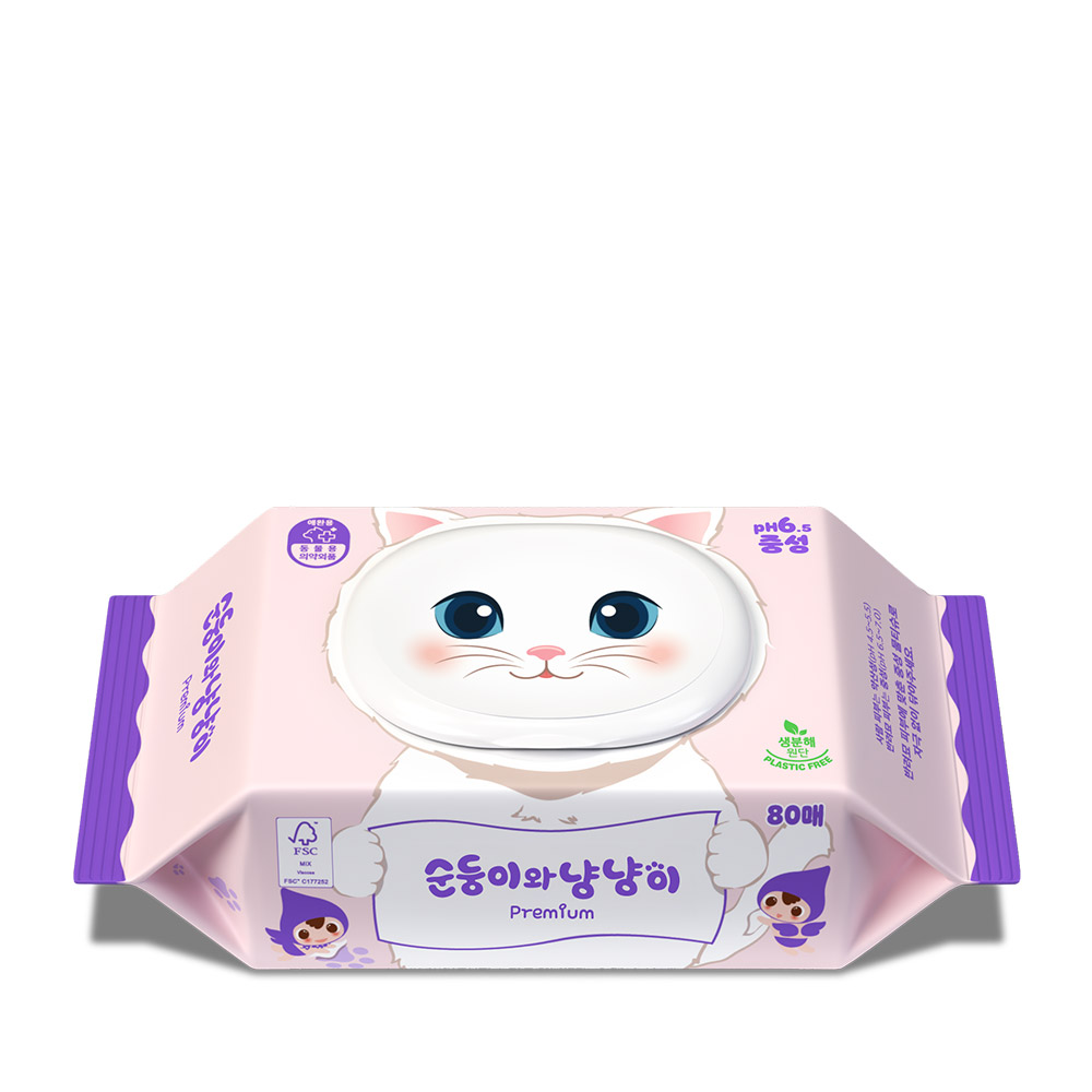 순둥이 냥냥이 프리미엄 고양이 물티슈 캡형 80매 1팩 (1CAT)
