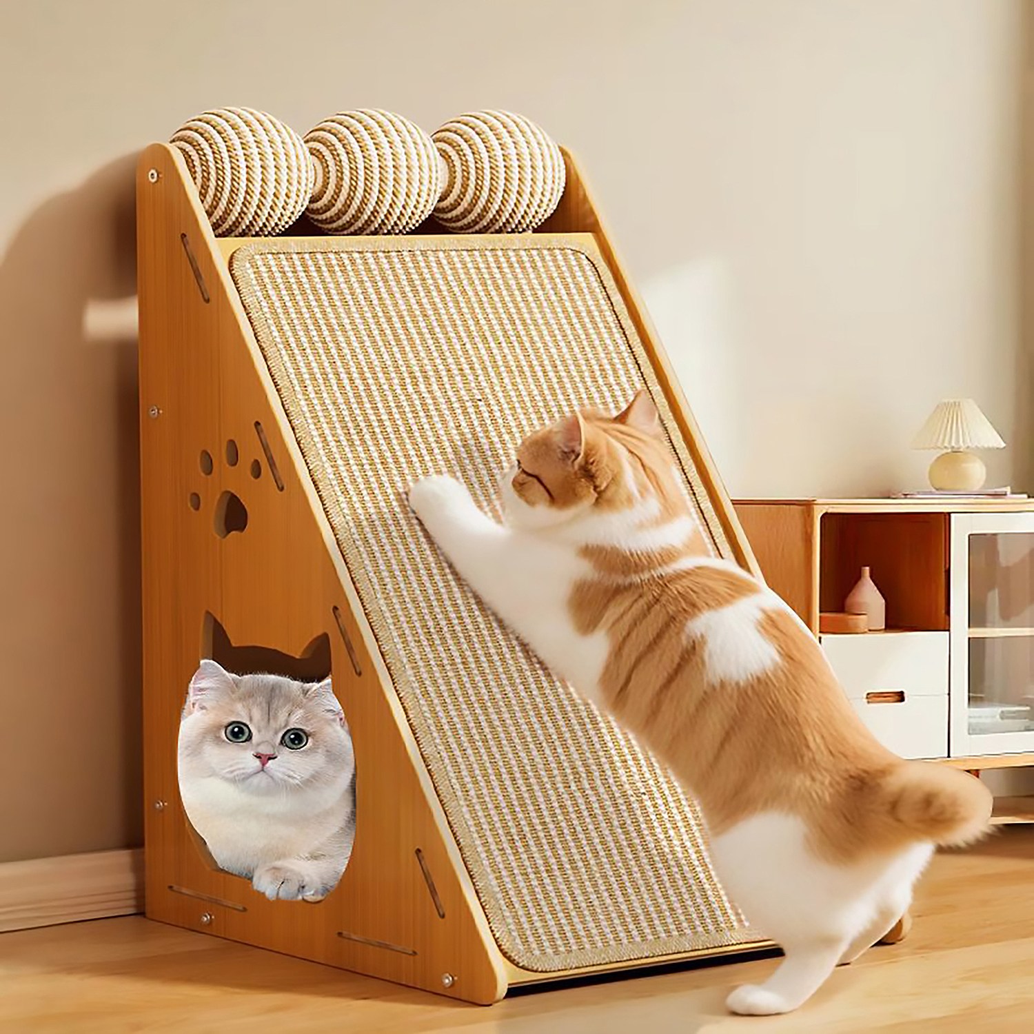 PETTOO 먼지없는 대형 수직 고양이 스크래쳐 원목 숨숨집
